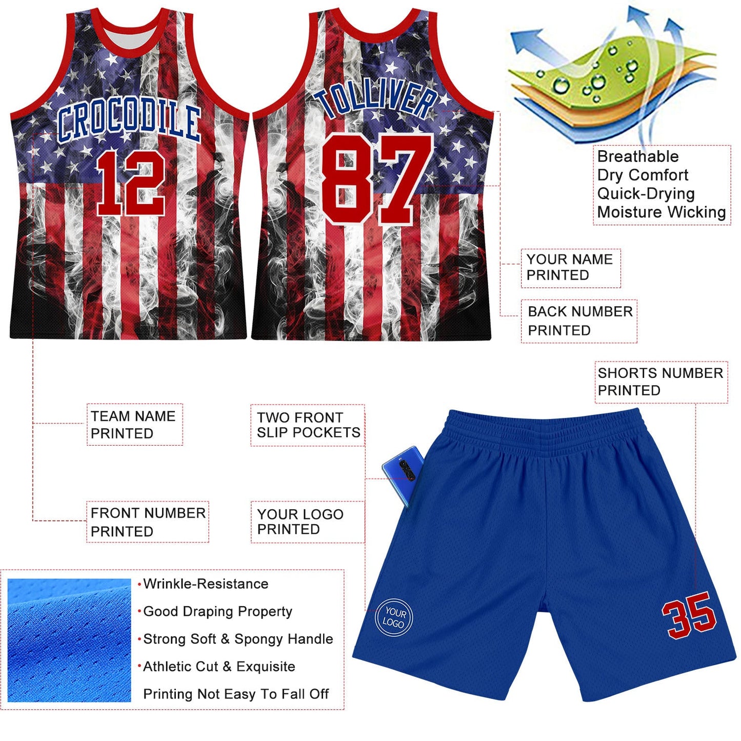 Custom White Red-Royal American Flag Round Neck Sublimation Basketball Set Jersey