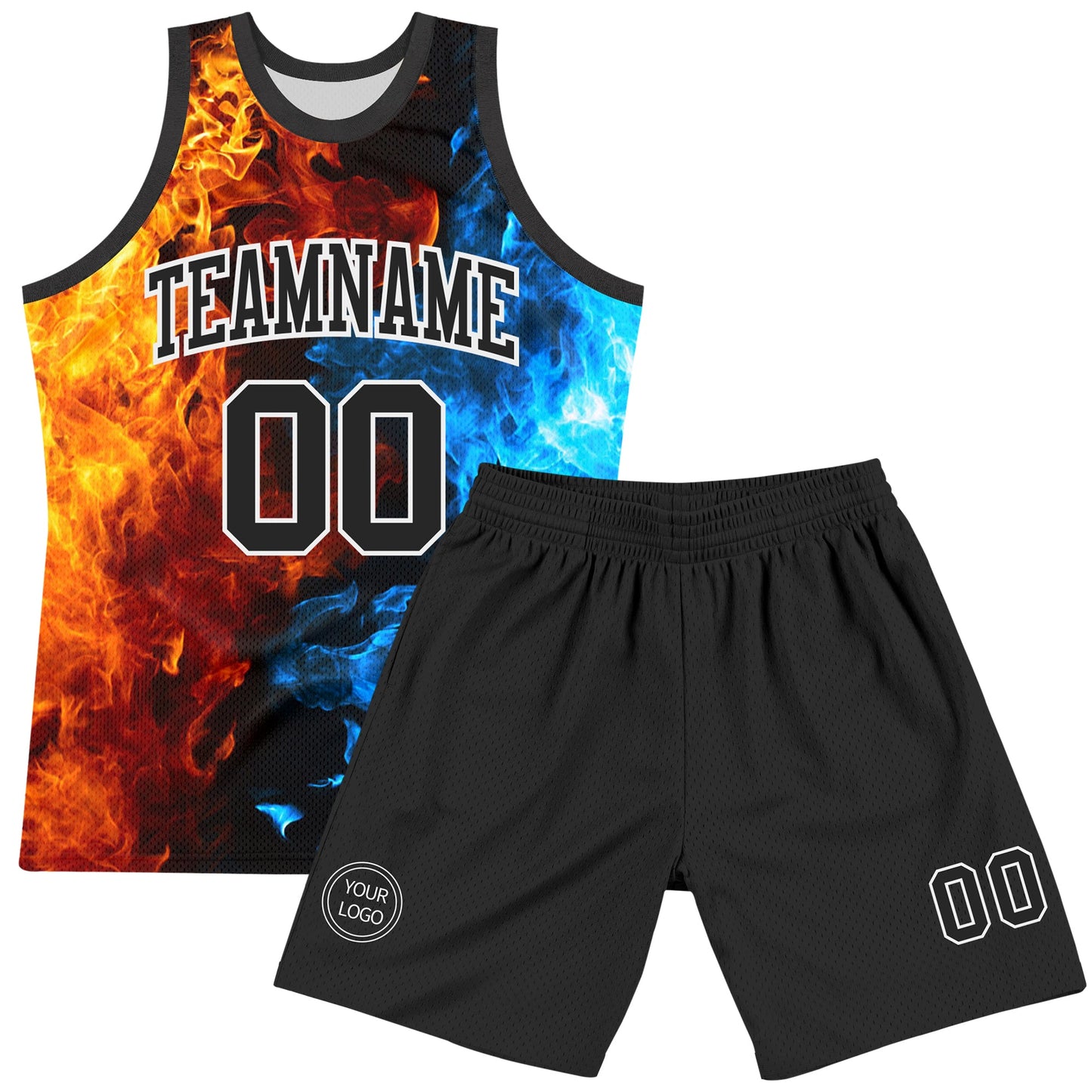 Custom Figure Black-White Flame Round Neck Sublimation Basketball Set Jersey