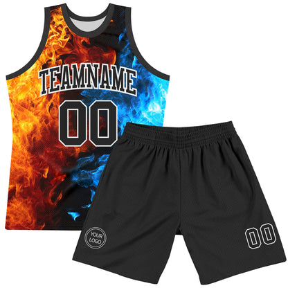 Custom Figure Black-White Flame Round Neck Sublimation Basketball Set Jersey