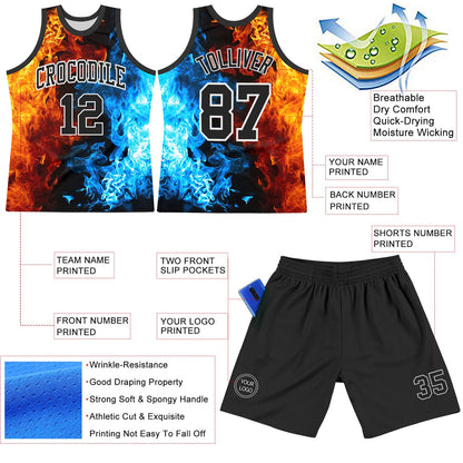 Custom Figure Black-White Flame Round Neck Sublimation Basketball Set Jersey