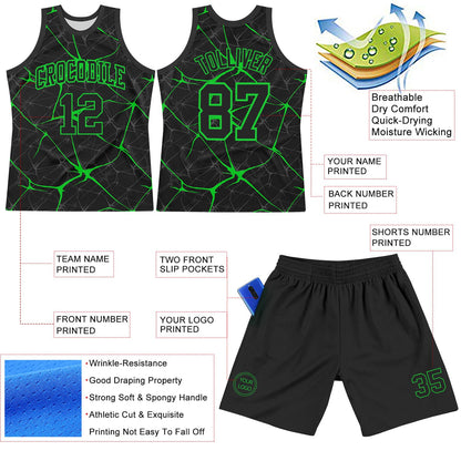 Custom Black Neon Green Abstract Network Round Neck Sublimation Basketball Set Jersey