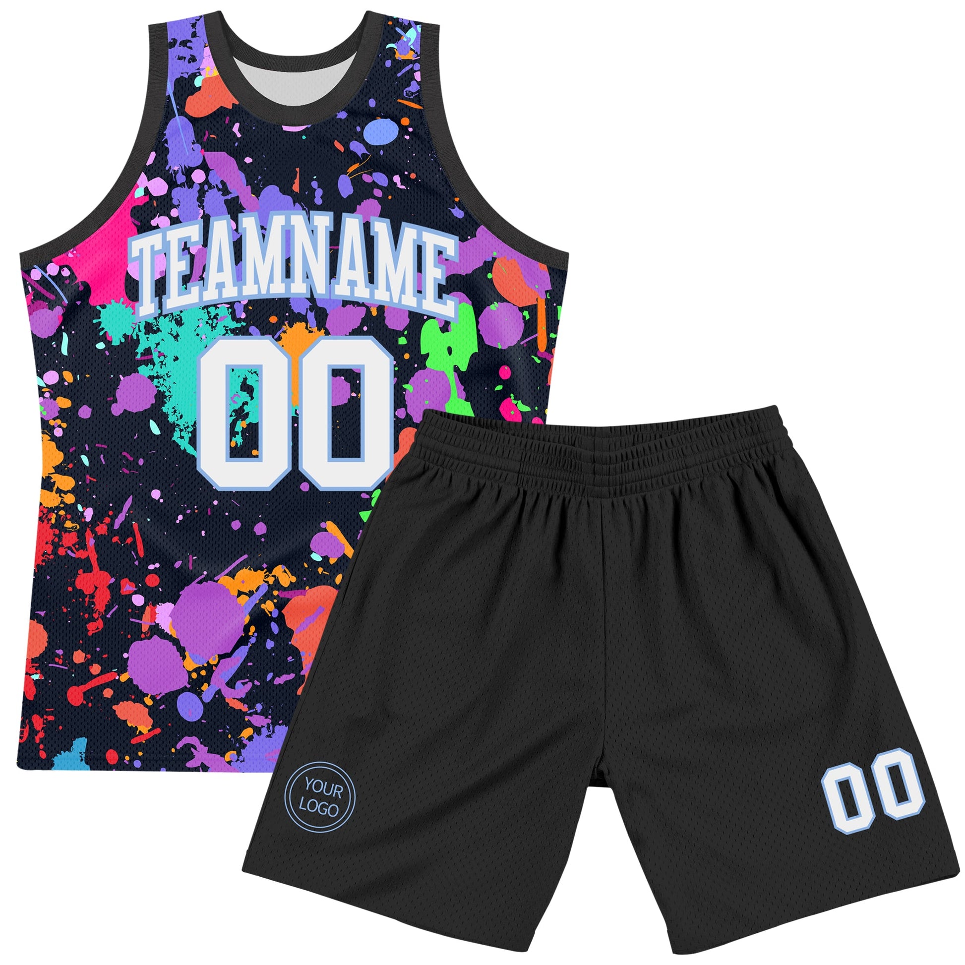 Custom Graffiti Pattern White Light Blue-Black Splash Round Neck Sublimation Basketball Set Jersey