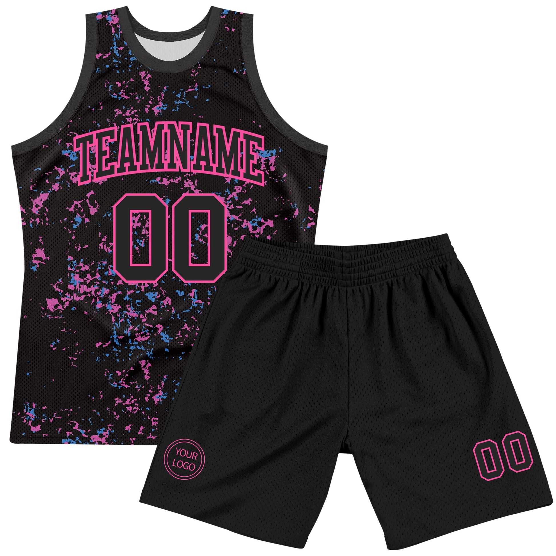 Custom Black Pink Fragment Art Round Neck Sublimation Basketball Set Jersey