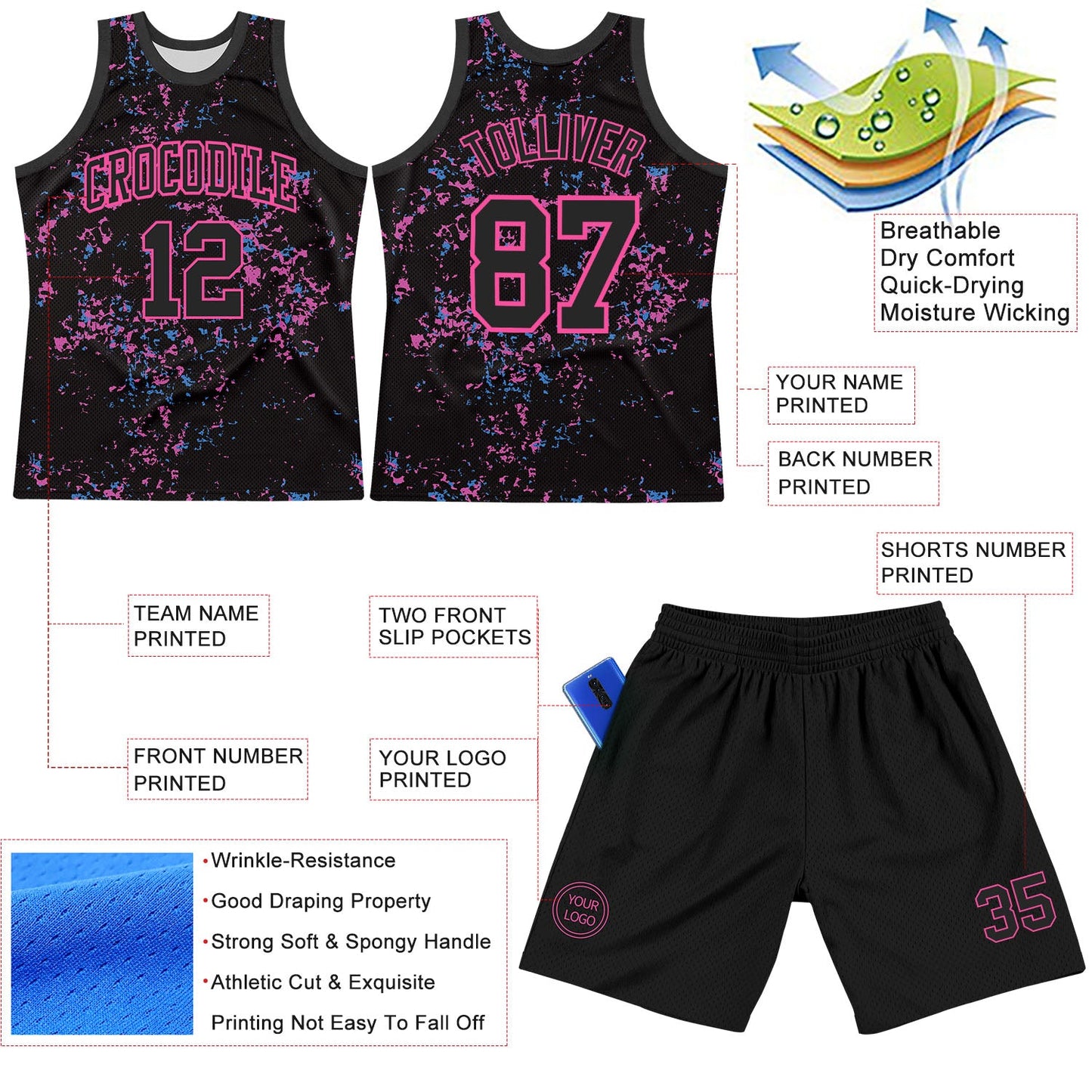 Custom Black Pink Fragment Art Round Neck Sublimation Basketball Set Jersey