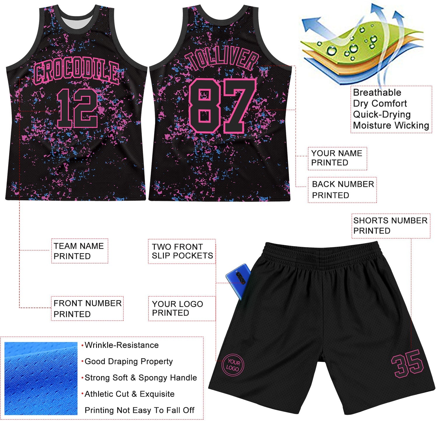 Custom Black Pink Fragment Art Round Neck Sublimation Basketball Set Jersey