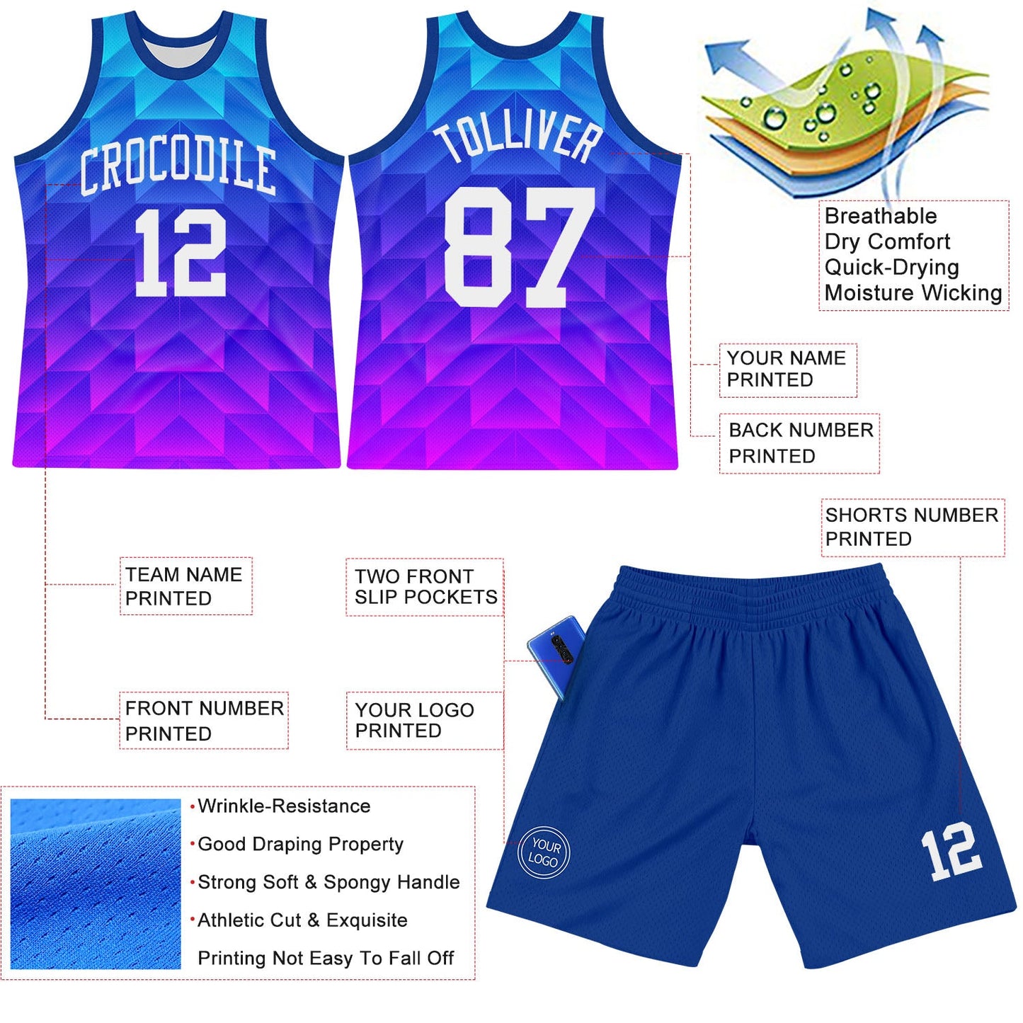 Custom Royal White-Hot Pink Gradient Geometric Shape Round Neck Sublimation Basketball Set Jersey