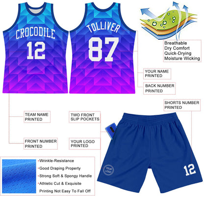 Custom Royal White-Hot Pink Gradient Geometric Shape Round Neck Sublimation Basketball Set Jersey