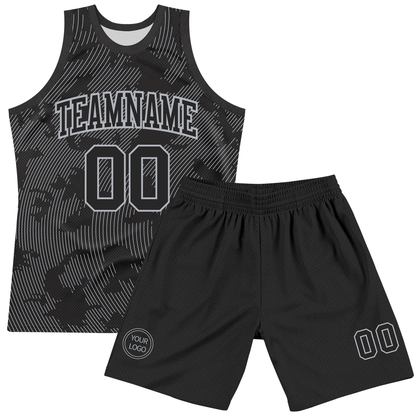 Custom Black Gray Curve Lines Round Neck Sublimation Basketball Set Jersey