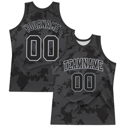 Custom Black Gray Curve Lines Round Neck Sublimation Basketball Set Jersey