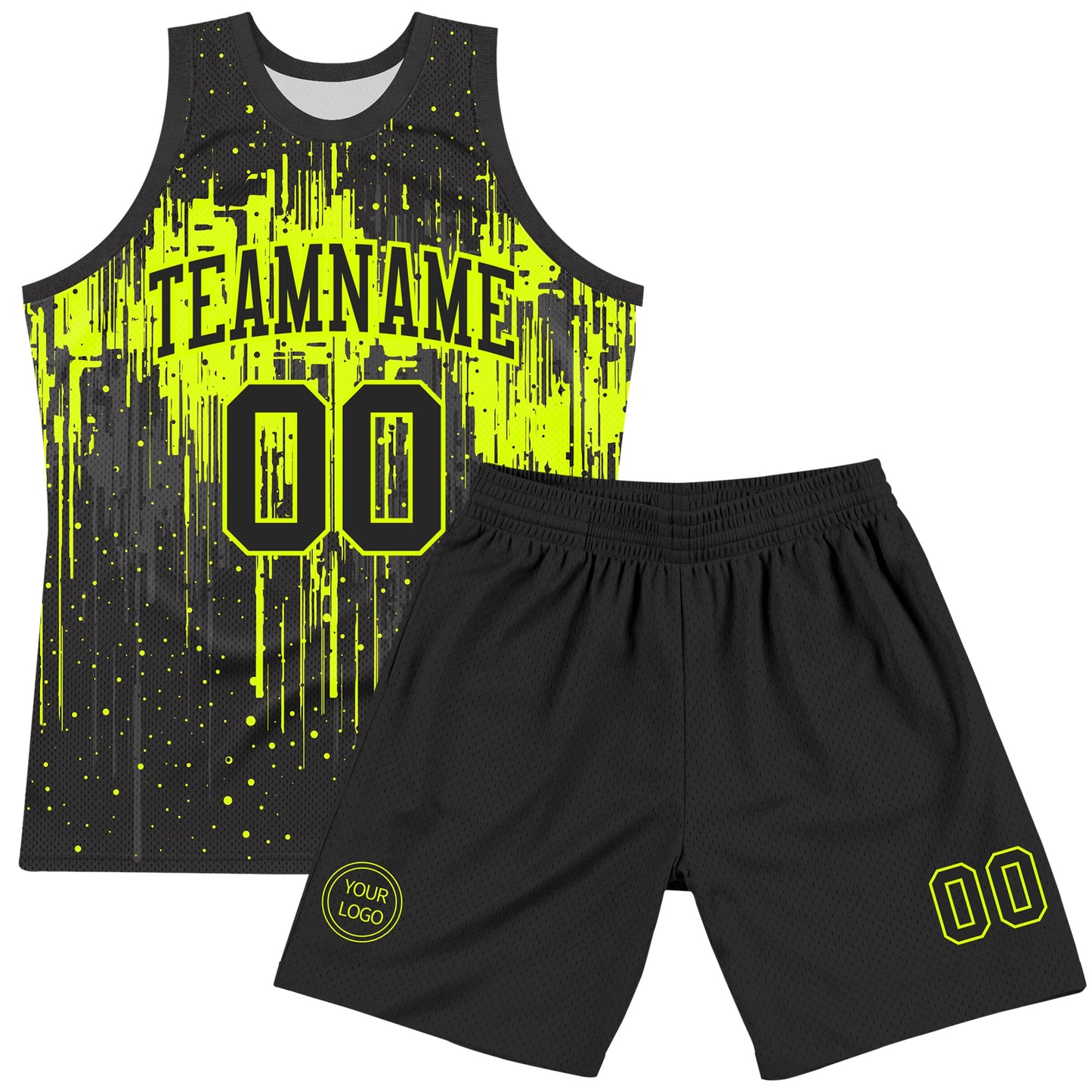Custom Black Neon Green Dripping Splatter Art Round Neck Sublimation Basketball Set Jersey