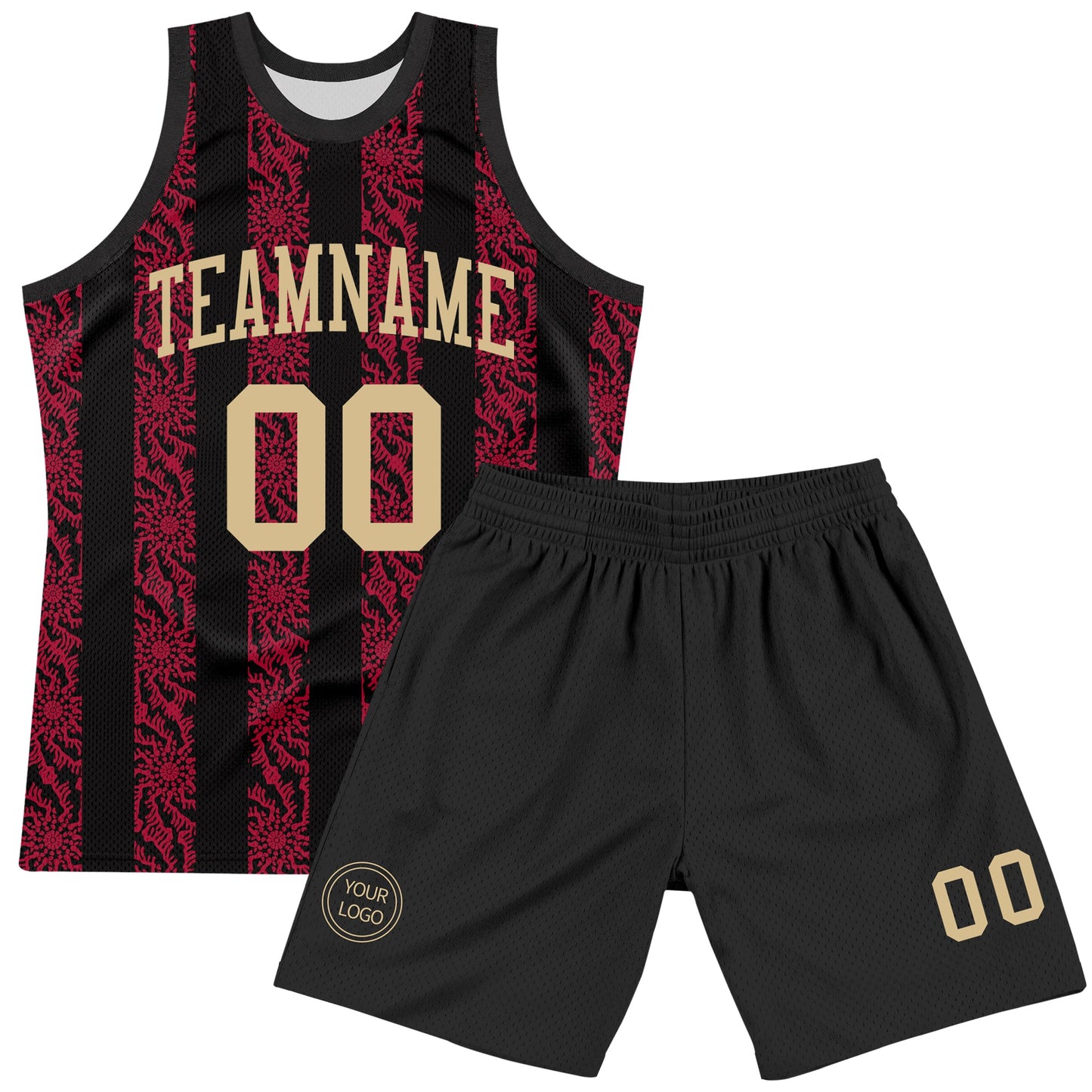 Custom Black Vegas Gold-Red Abstract Shape Round Neck Sublimation Basketball Set Jersey