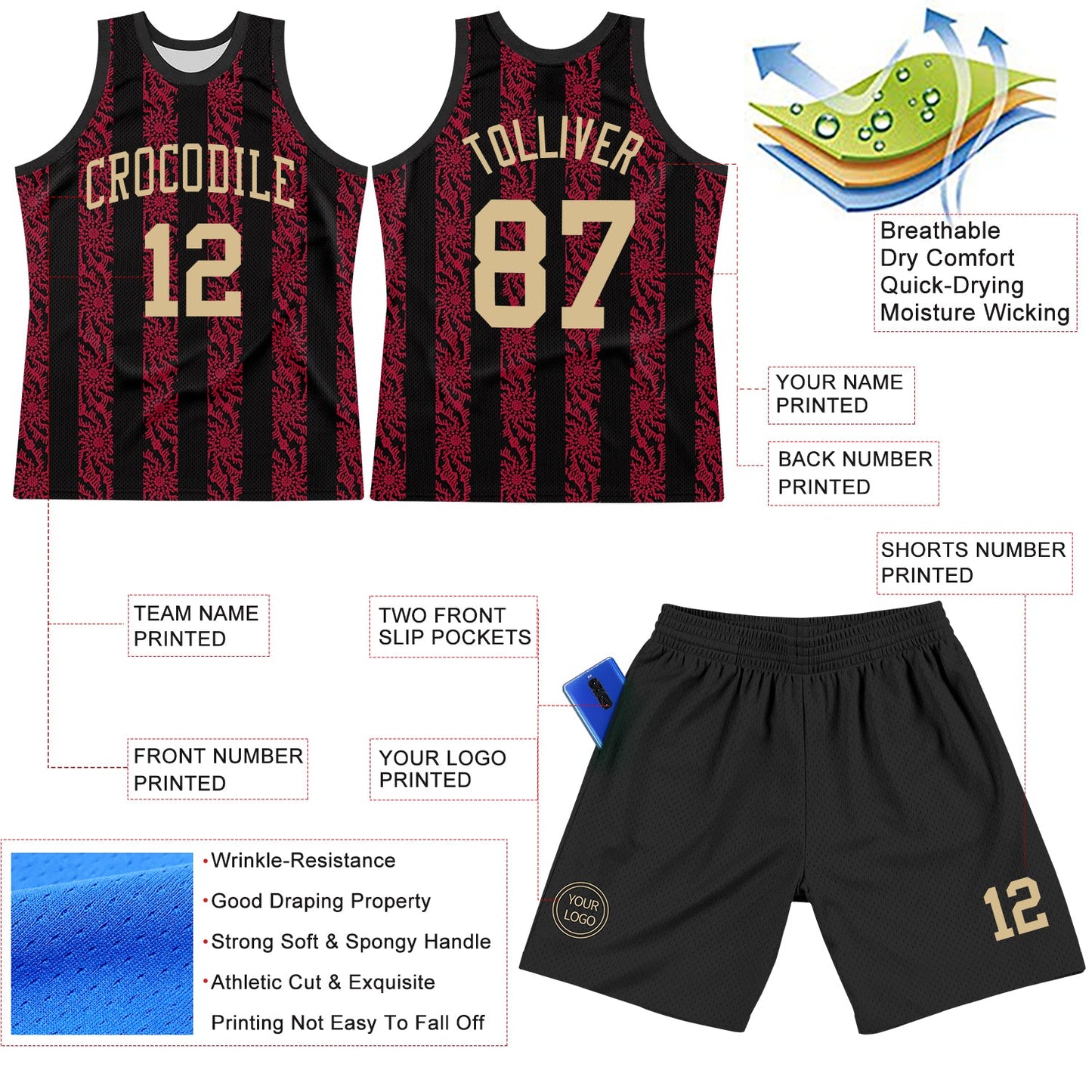 Custom Black Vegas Gold-Red Abstract Shape Round Neck Sublimation Basketball Set Jersey