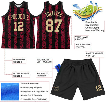 Custom Black Vegas Gold-Red Abstract Shape Round Neck Sublimation Basketball Set Jersey