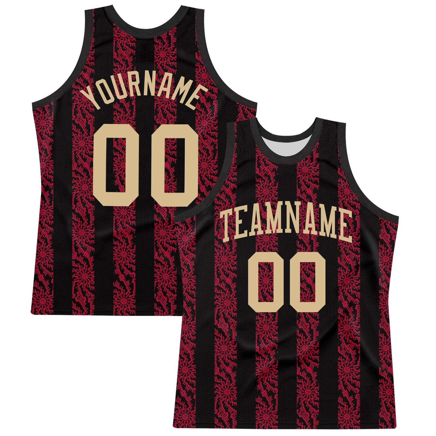 Custom Black Vegas Gold-Red Abstract Shape Round Neck Sublimation Basketball Set Jersey