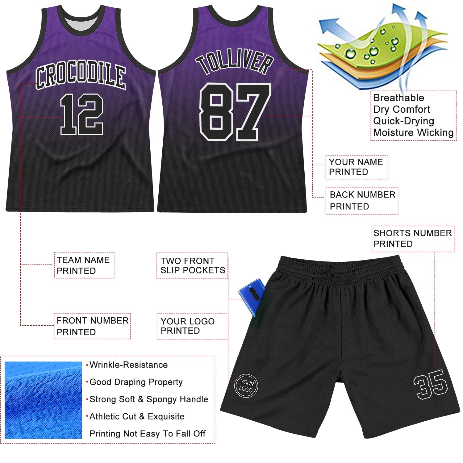 Custom Purple Black-White Fade Fashion Round Neck Sublimation Basketball Set Jersey