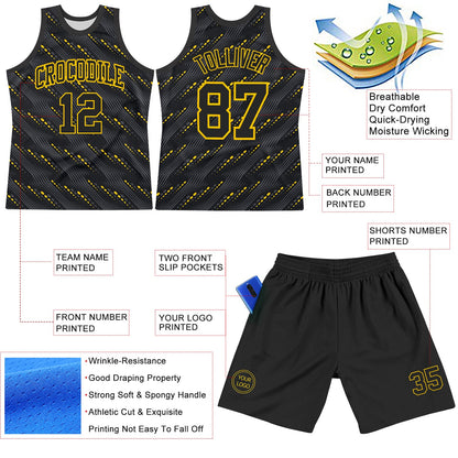 Custom Black Yellow Slant Lines Round Neck Sublimation Basketball Set Jersey