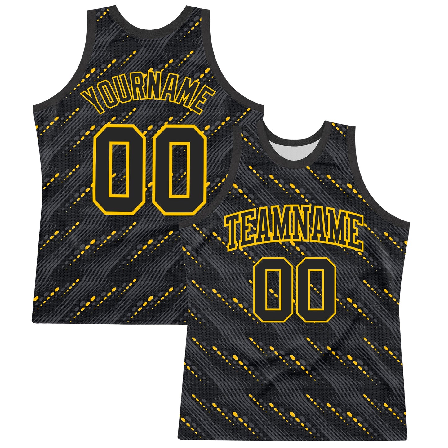 Custom Black Yellow Slant Lines Round Neck Sublimation Basketball Set Jersey