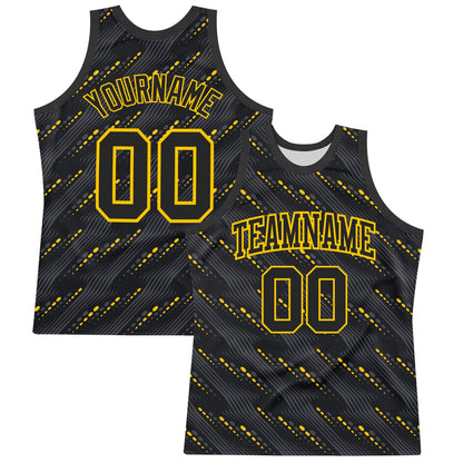 Custom Black Yellow Slant Lines Round Neck Sublimation Basketball Set Jersey