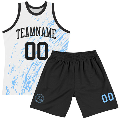Custom White Black-Light Blue Splash Round Neck Sublimation Basketball Set Jersey