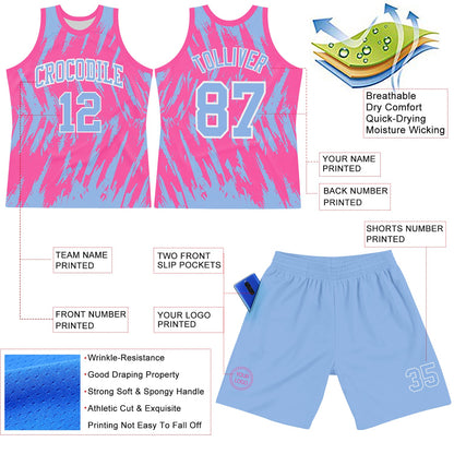 Custom Pink Light Blue-White Abstract Sharp Shape Fragment Art Round Neck Sublimation Basketball Set Jersey