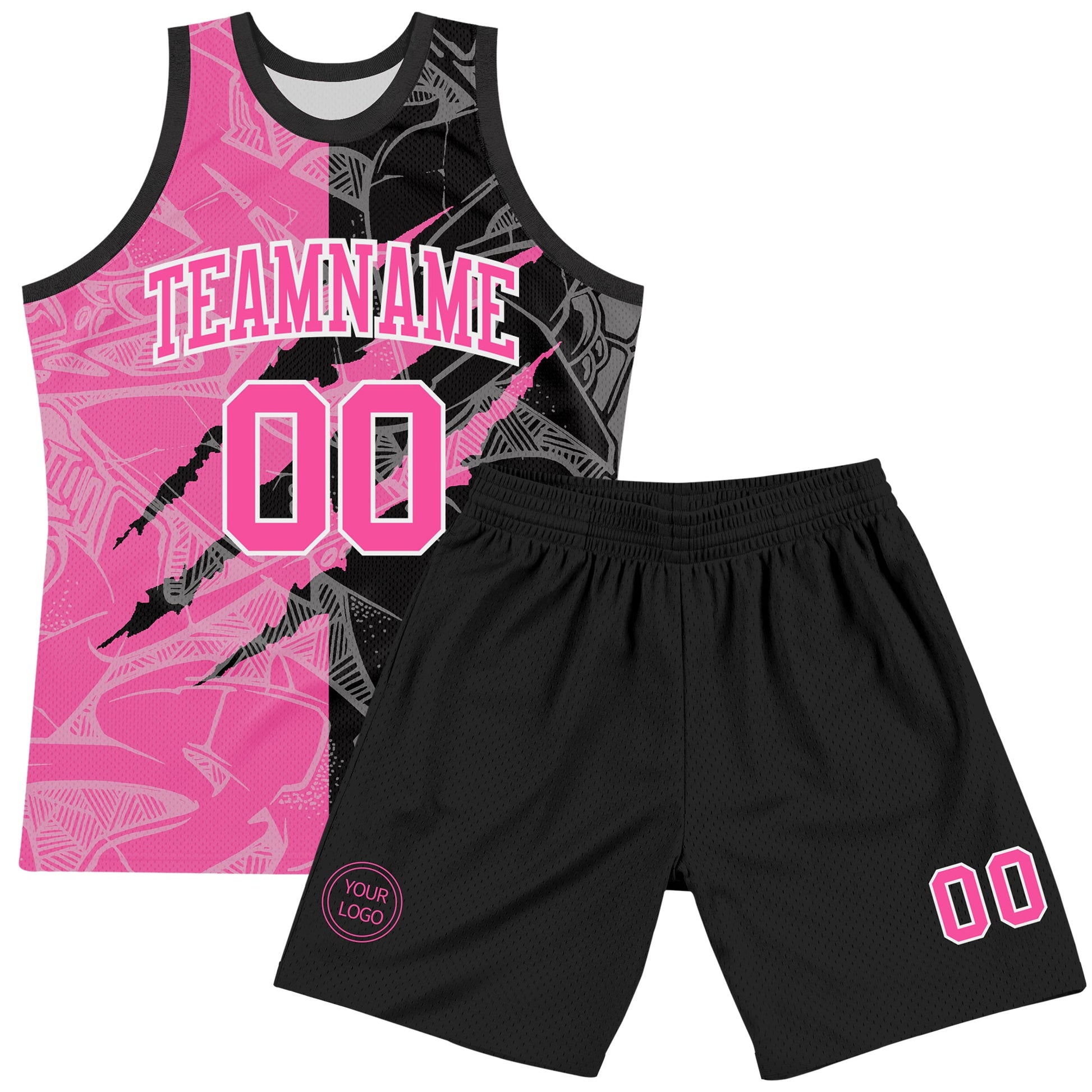 Custom Graffiti Pattern Pink Black-White Scratch Round Neck Sublimation Basketball Set Jersey