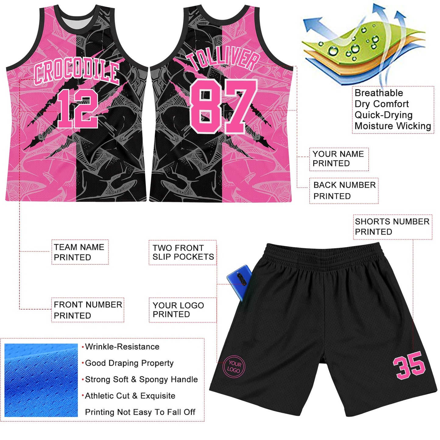 Custom Graffiti Pattern Pink Black-White Scratch Round Neck Sublimation Basketball Set Jersey