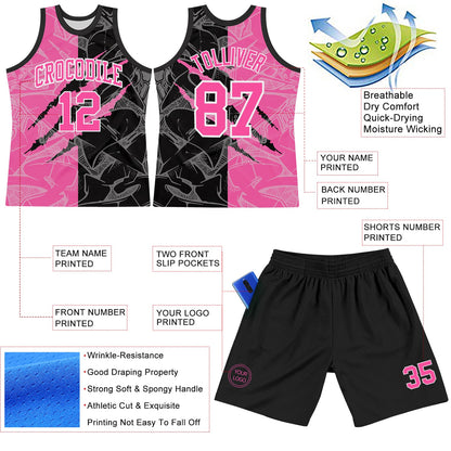 Custom Graffiti Pattern Pink Black-White Scratch Round Neck Sublimation Basketball Set Jersey