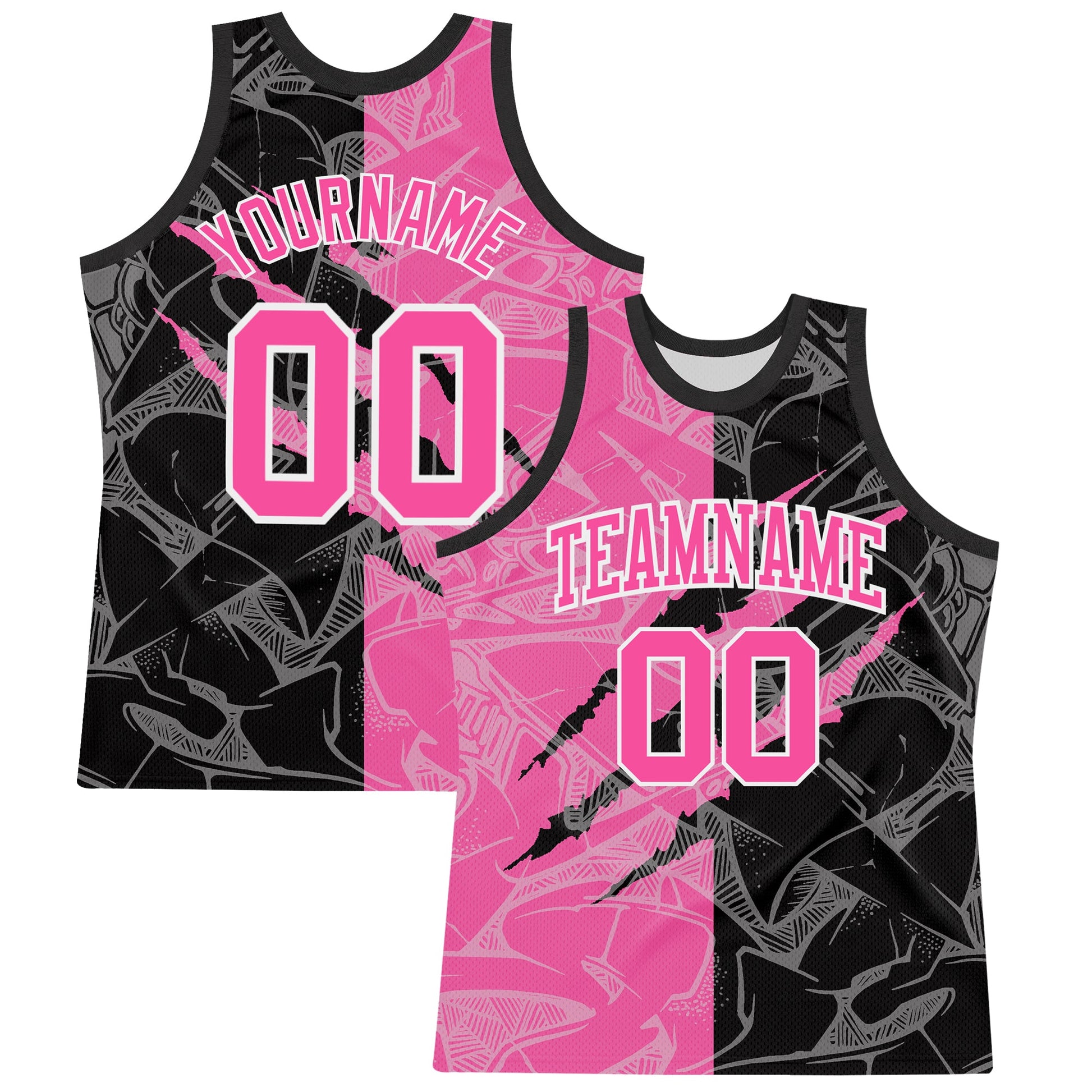 Custom Graffiti Pattern Pink Black-White Scratch Round Neck Sublimation Basketball Set Jersey