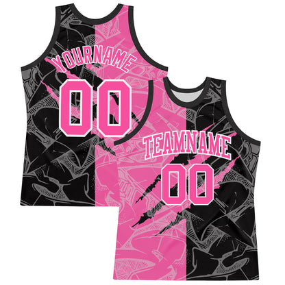 Custom Graffiti Pattern Pink Black-White Scratch Round Neck Sublimation Basketball Set Jersey