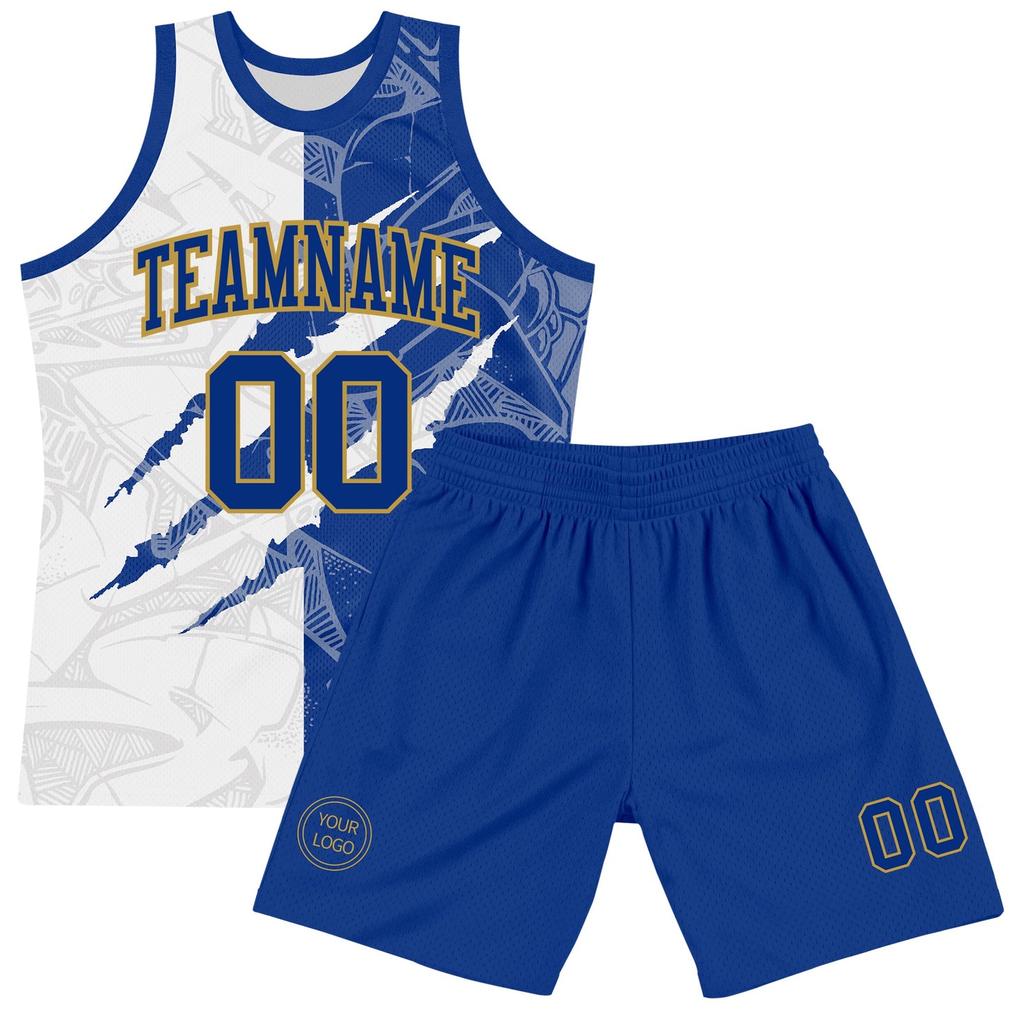 Custom Graffiti Pattern Royal White-Old Gold Scratch Round Neck Sublimation Basketball Set Jersey