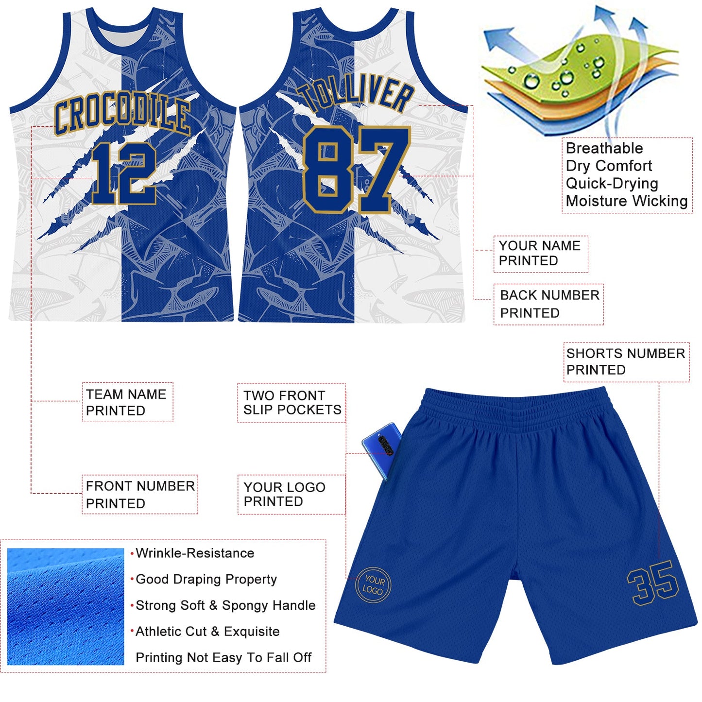 Custom Graffiti Pattern Royal White-Old Gold Scratch Round Neck Sublimation Basketball Set Jersey