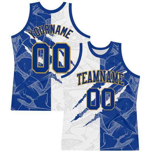 Custom Graffiti Pattern Royal White-Old Gold Scratch Round Neck Sublimation Basketball Set Jersey