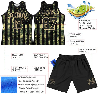 Custom Camo Black-Vegas Gold American Flag Round Neck Sublimation Salute To Service Basketball Set Jersey