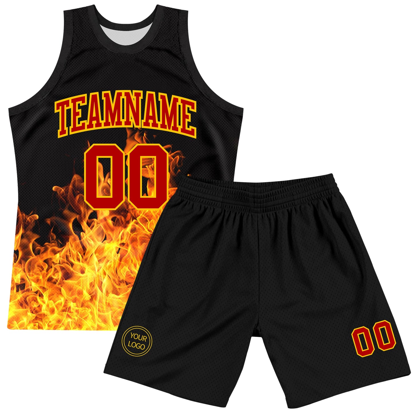 Custom Black Red-Yellow Flame Round Neck Sublimation Basketball Set Jersey