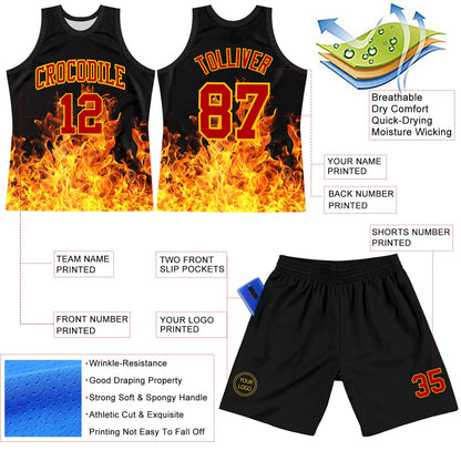 Custom Black Red-Yellow Flame Round Neck Sublimation Basketball Set Jersey