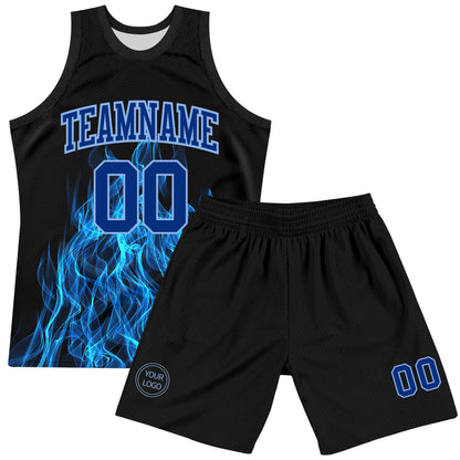 Custom Black Royal-Light Blue Flame Round Neck Sublimation Basketball Set Jersey