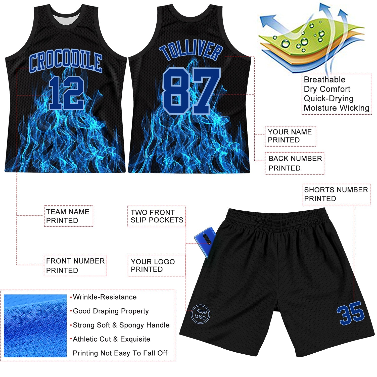 Custom Black Royal-Light Blue Flame Round Neck Sublimation Basketball Set Jersey