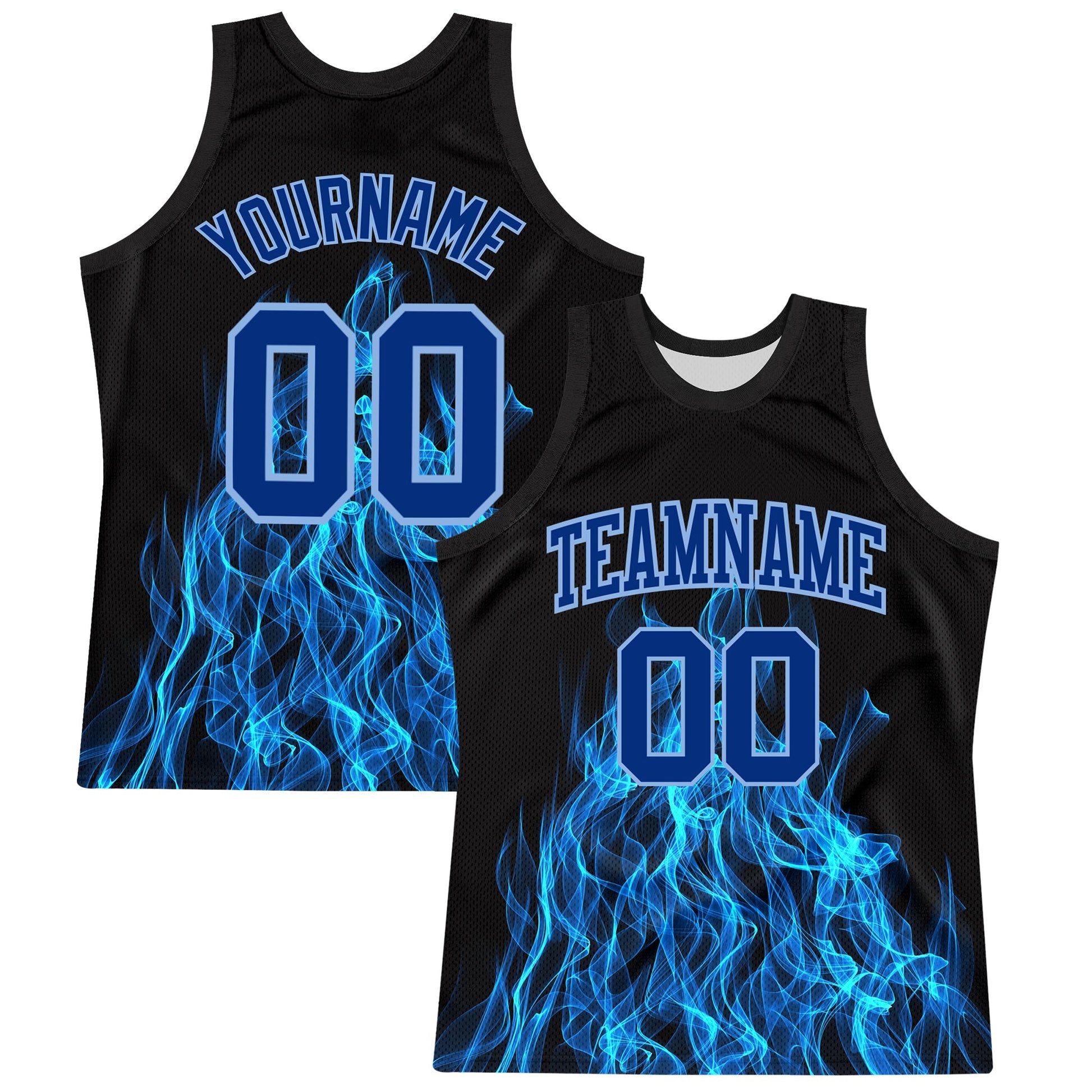 Custom Black Royal-Light Blue Flame Round Neck Sublimation Basketball Set Jersey
