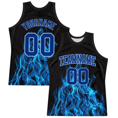 Custom Black Royal-Light Blue Flame Round Neck Sublimation Basketball Set Jersey