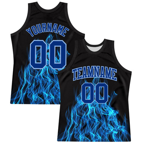 Custom Black Royal-Light Blue Flame Round Neck Sublimation Basketball Set Jersey