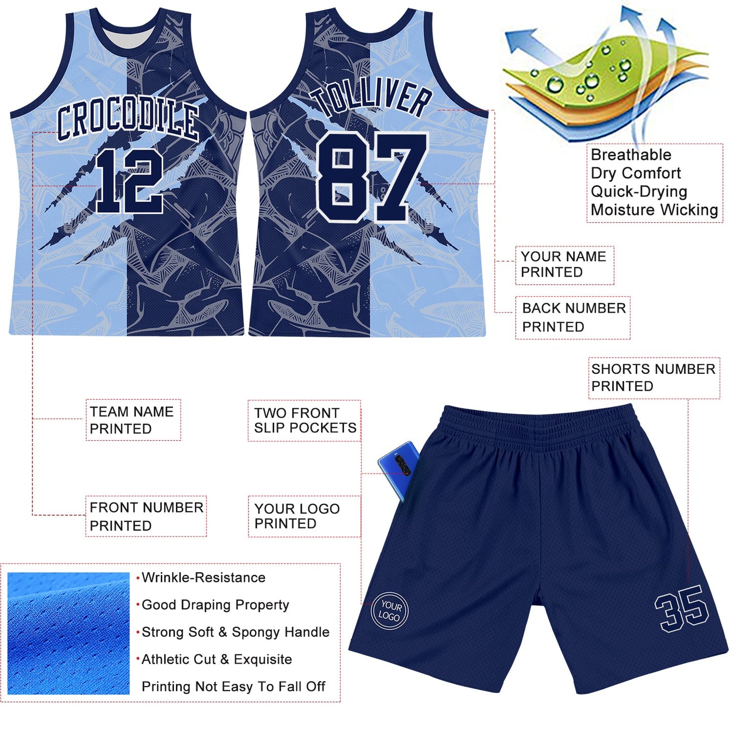 Custom Graffiti Pattern Navy Light Blue-White Scratch Round Neck Sublimation Basketball Set Jersey