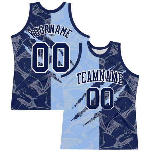 Custom Graffiti Pattern Navy Light Blue-White Scratch Round Neck Sublimation Basketball Set Jersey