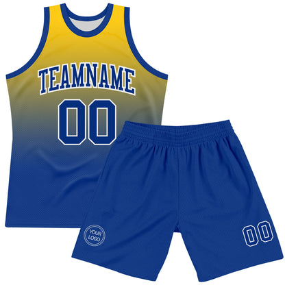 Custom Yellow Royal-White Fade Fashion Round Neck Sublimation Basketball Set Jersey
