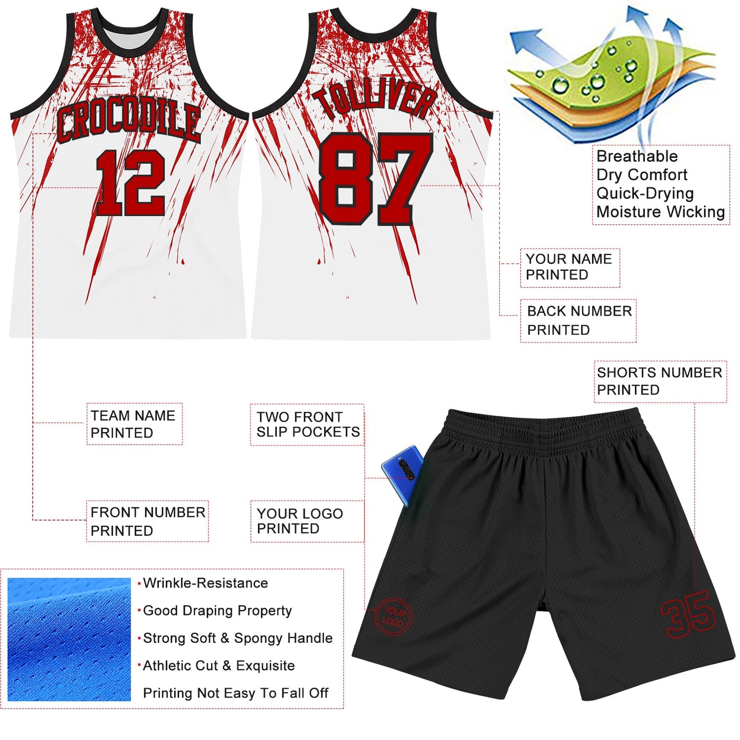 Custom White Red-Black Splash Round Neck Sublimation Basketball Set Jersey