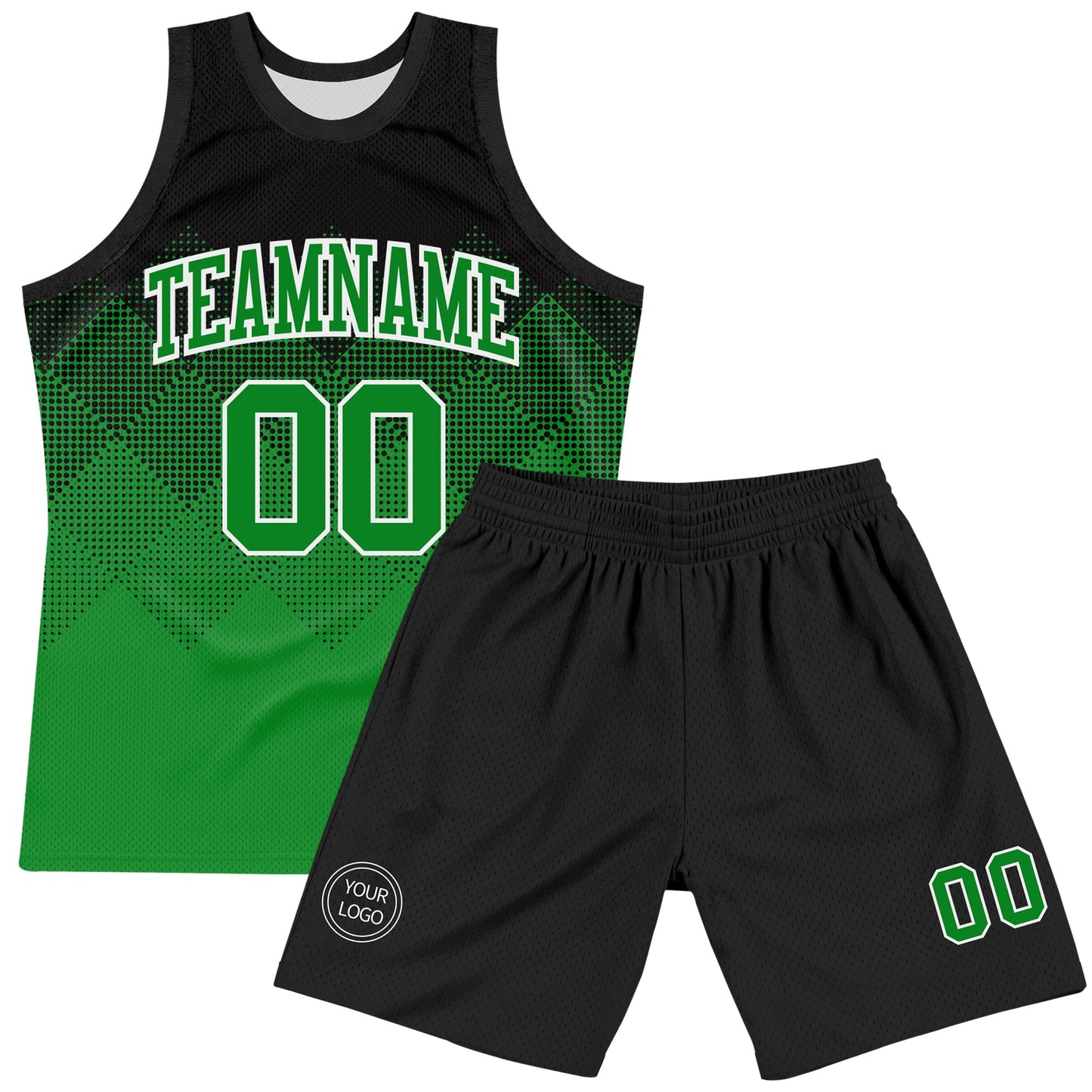 Custom Black Grass Green-White Gradient Square Shapes Round Neck Sublimation Basketball Set Jersey