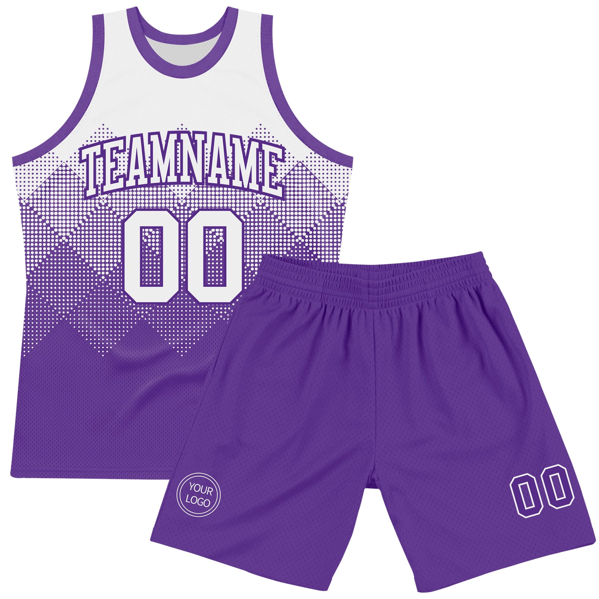 Custom White Purple Gradient Square Shapes Round Neck Sublimation Basketball Set Jersey