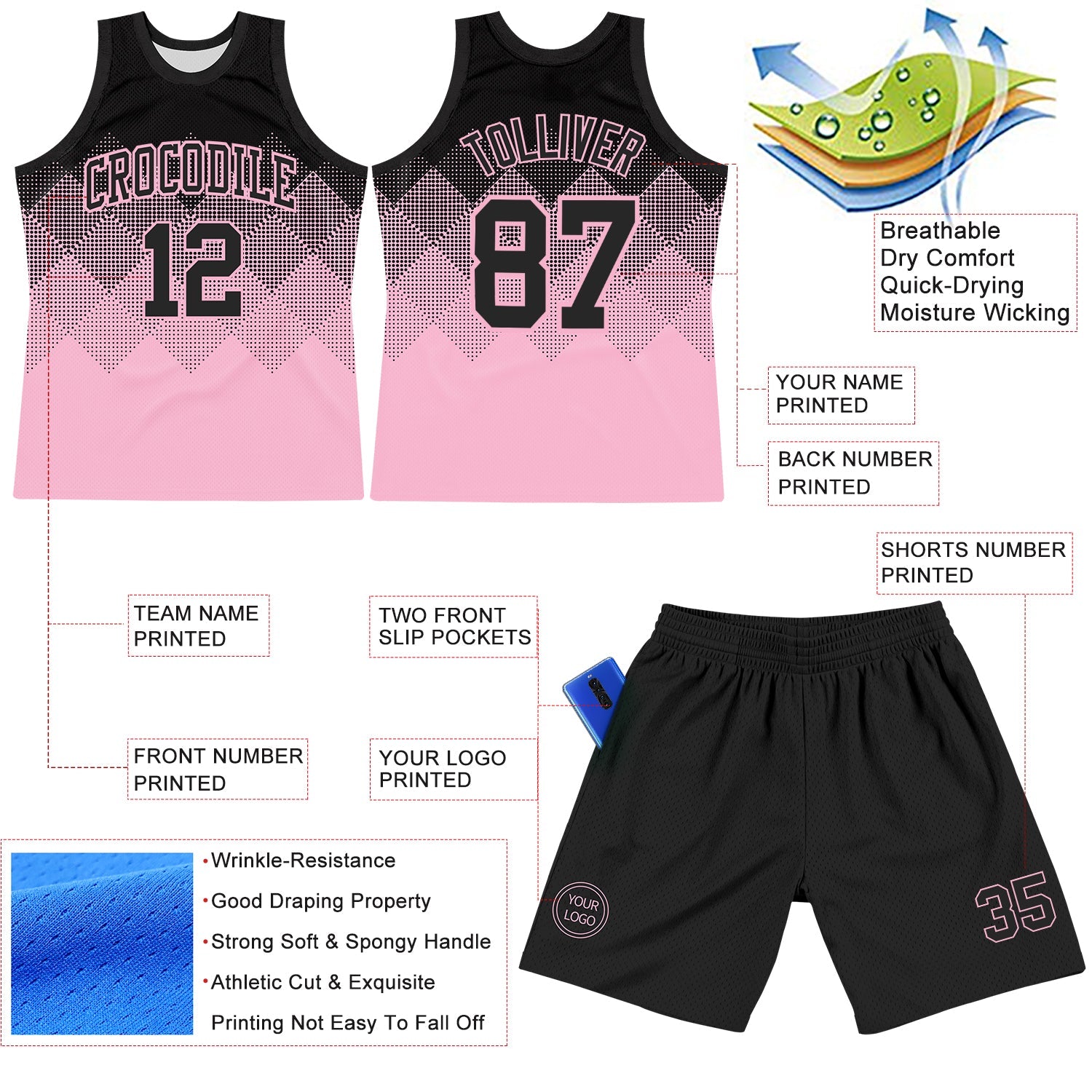 Custom Black Light Pink Gradient Square Shapes Round Neck Sublimation Basketball Set Jersey