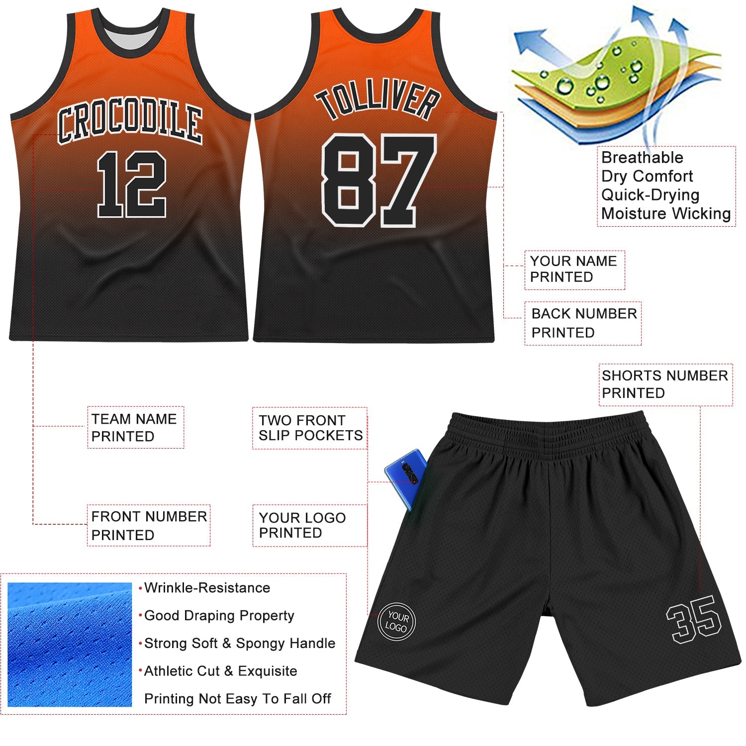 Custom Orange Black-White Gradient Square Shapes Round Neck Sublimation Basketball Set Jersey