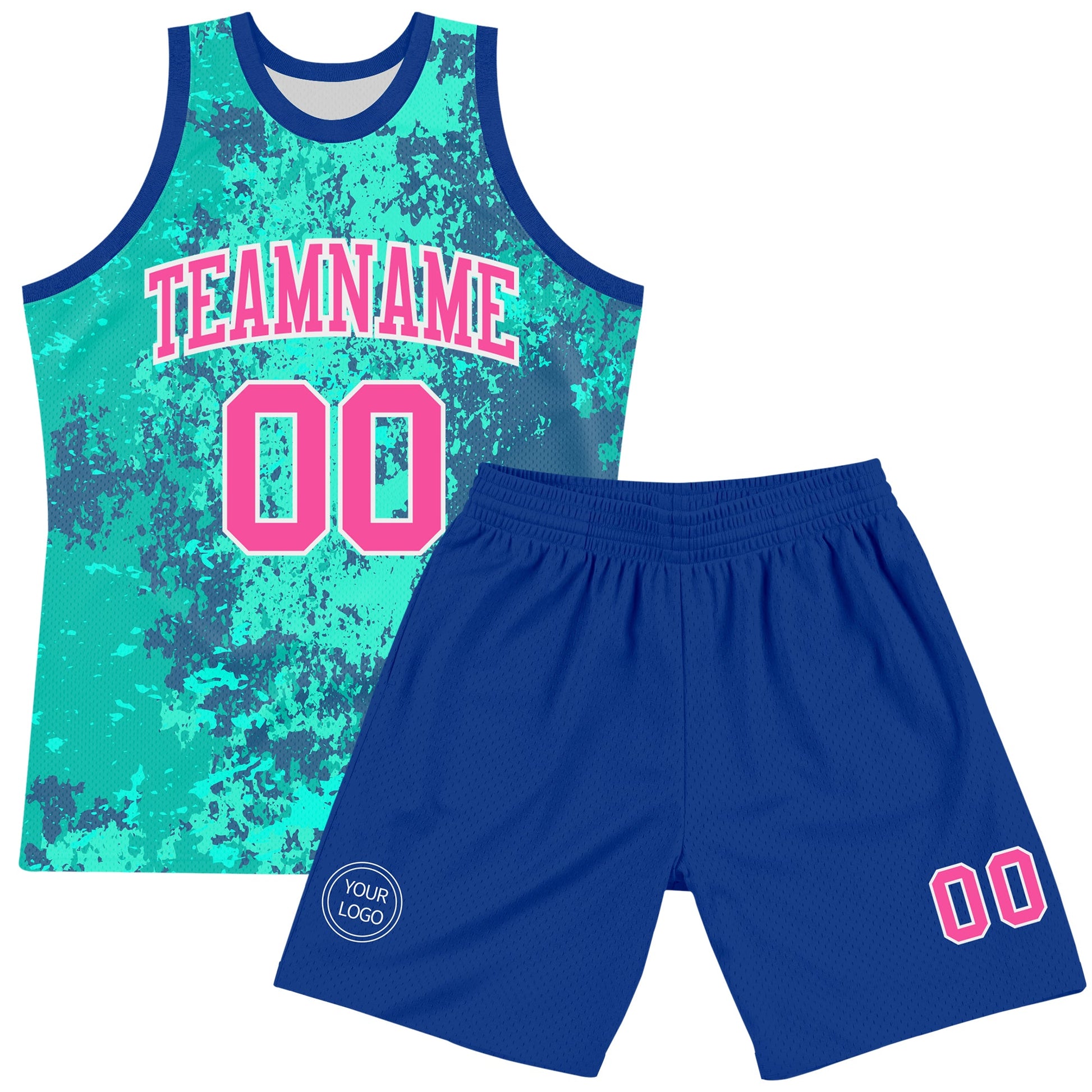 Custom Teal Pink Royal-White Splash Round Neck Sublimation Basketball Set Jersey