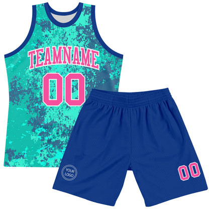 Custom Teal Pink Royal-White Splash Round Neck Sublimation Basketball Set Jersey